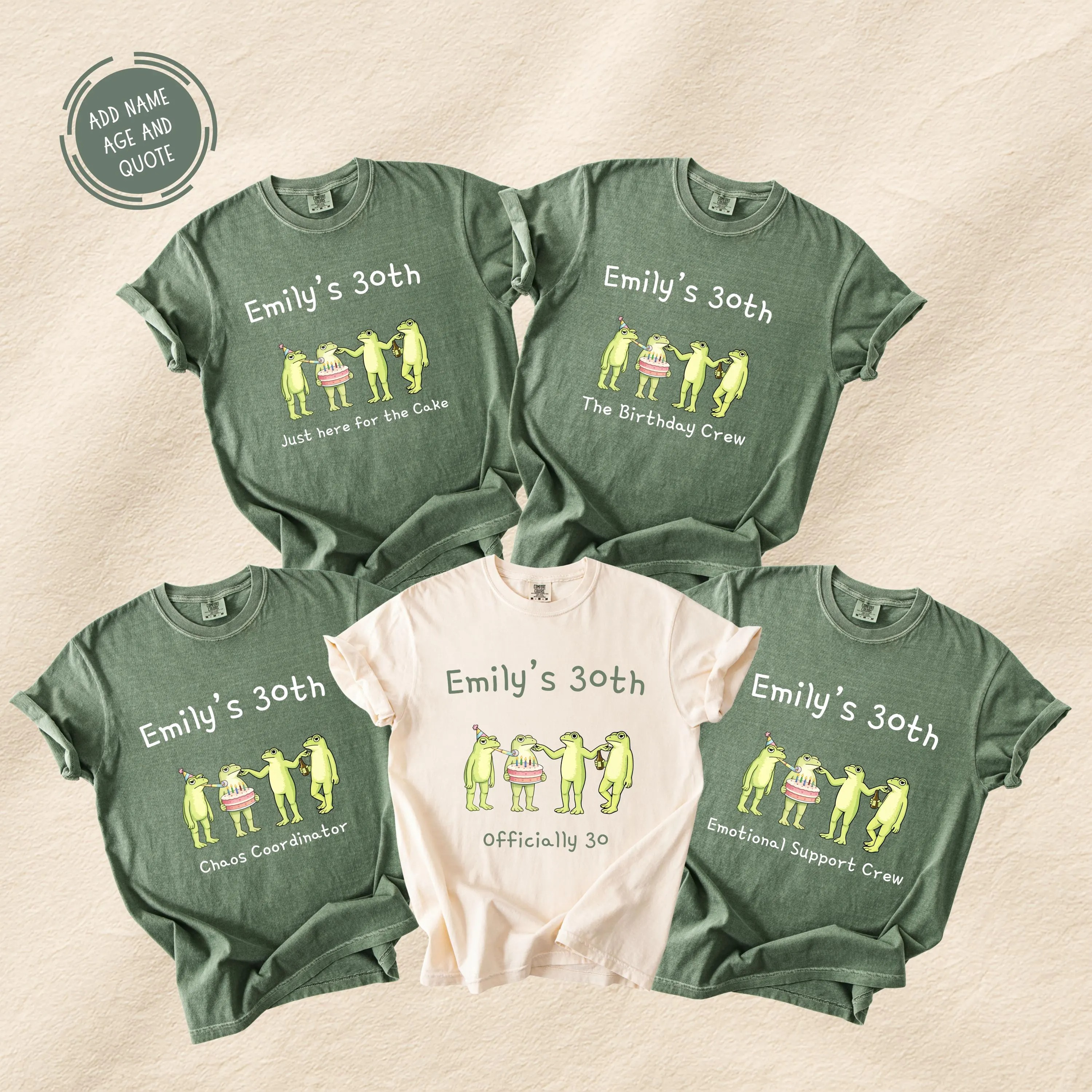 Several personalized frog birthday crew shirts with different custom phrases