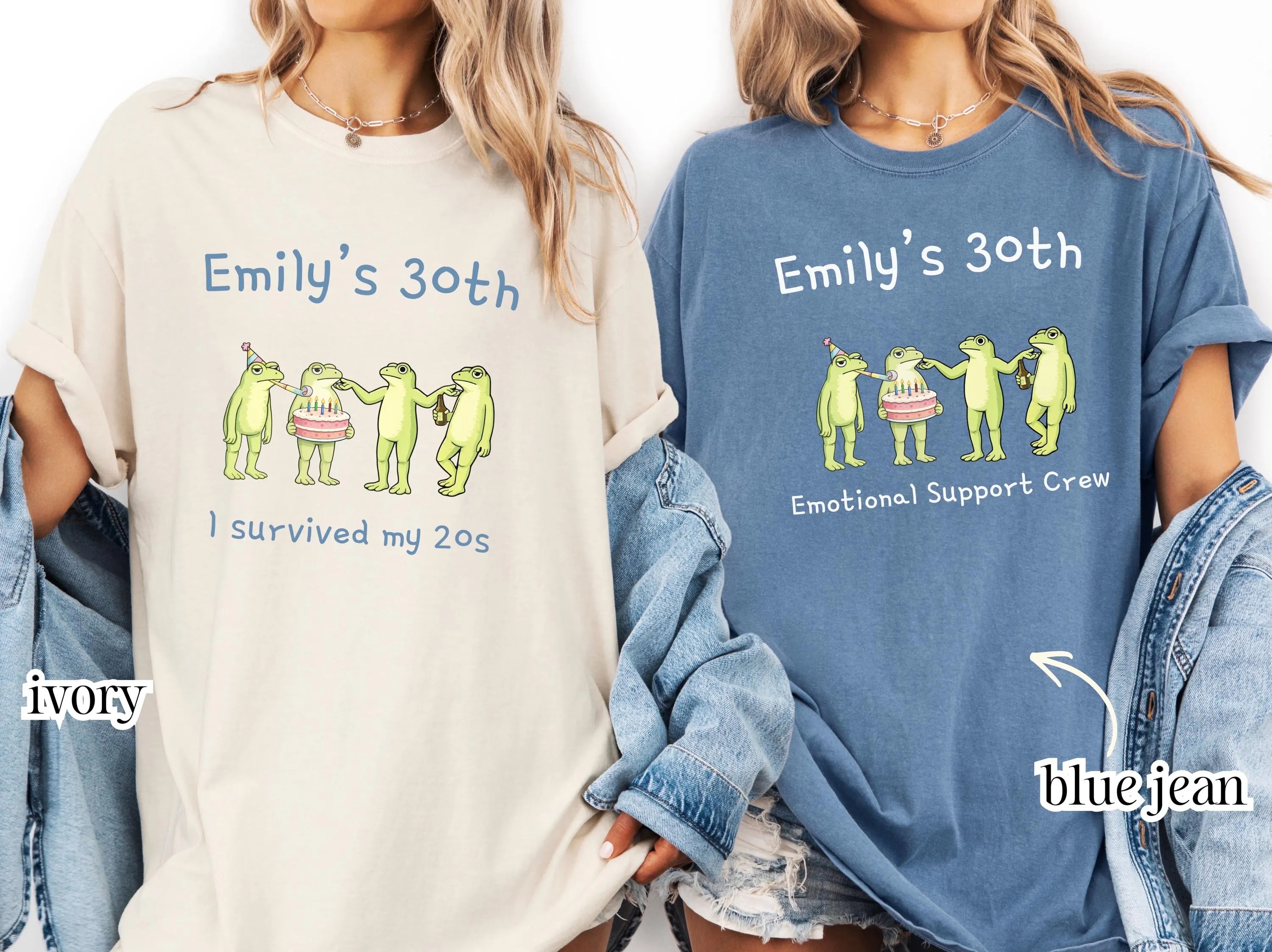 Personalized frog birthday shirts in ivory and blue jean colors